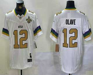 Men%27s New Orleans Saints #12 Chris Olave White Team Patch 2024 FUSE Vapor Limited Stitched Jersey
